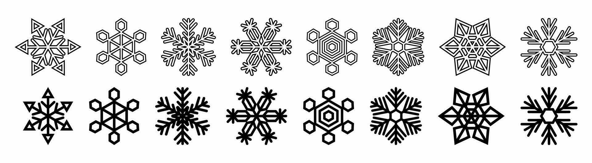 copos de nieve conjunto vector aislado en blanco antecedentes. contorno y sólido línea copos de nieve icono. invierno congelado geométrico símbolo.
