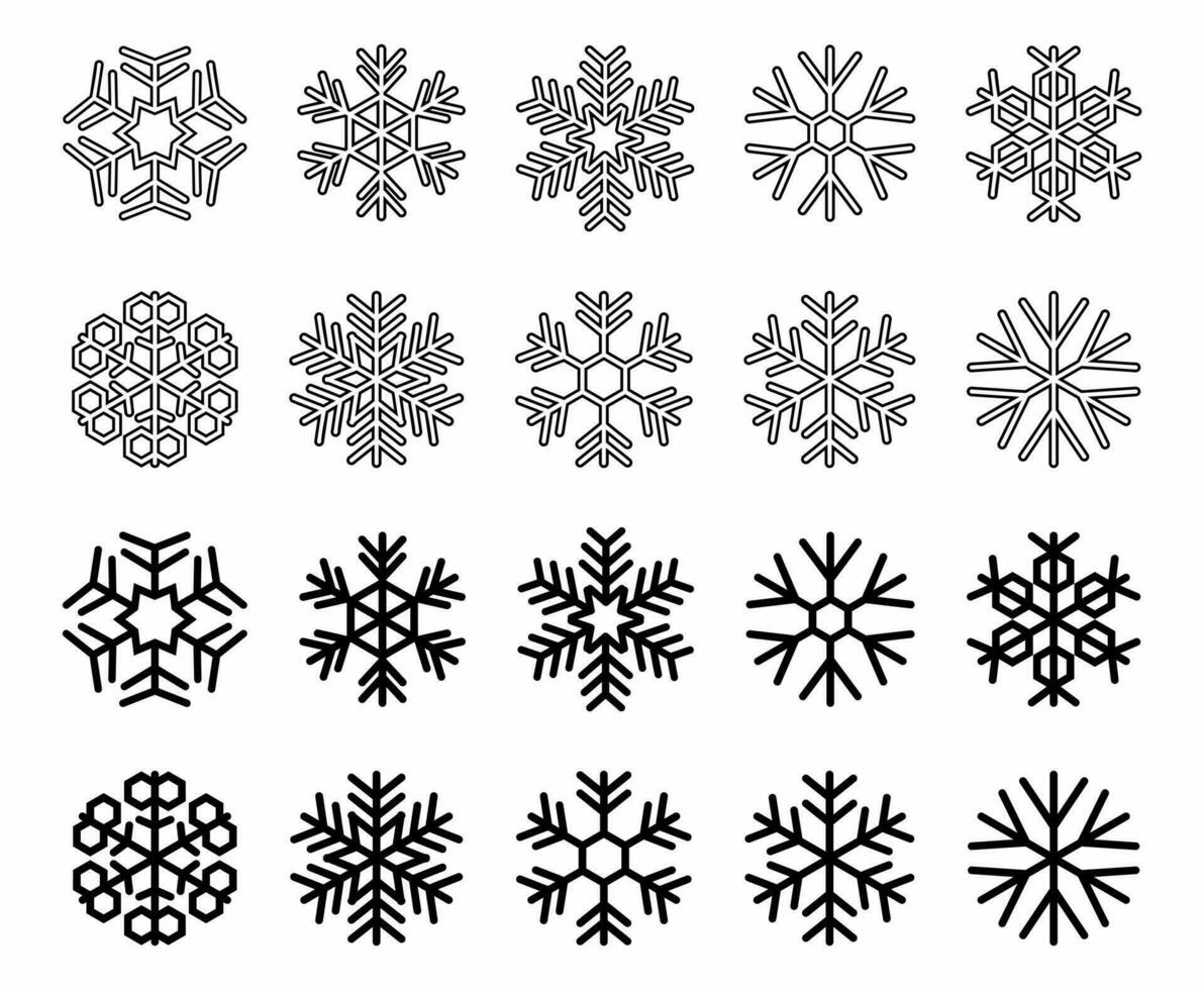 Snowflakes set vector isolated on white background. Outline and solid line snowflakes icon. Winter Frozen Geometric Symbol.