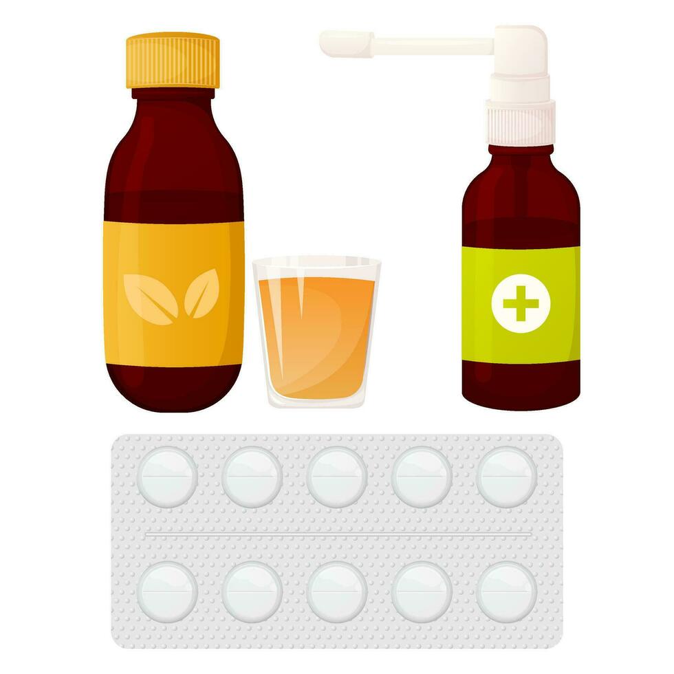 Medicines for sore throat collection. Liquid for rinsing, spray and pills vector