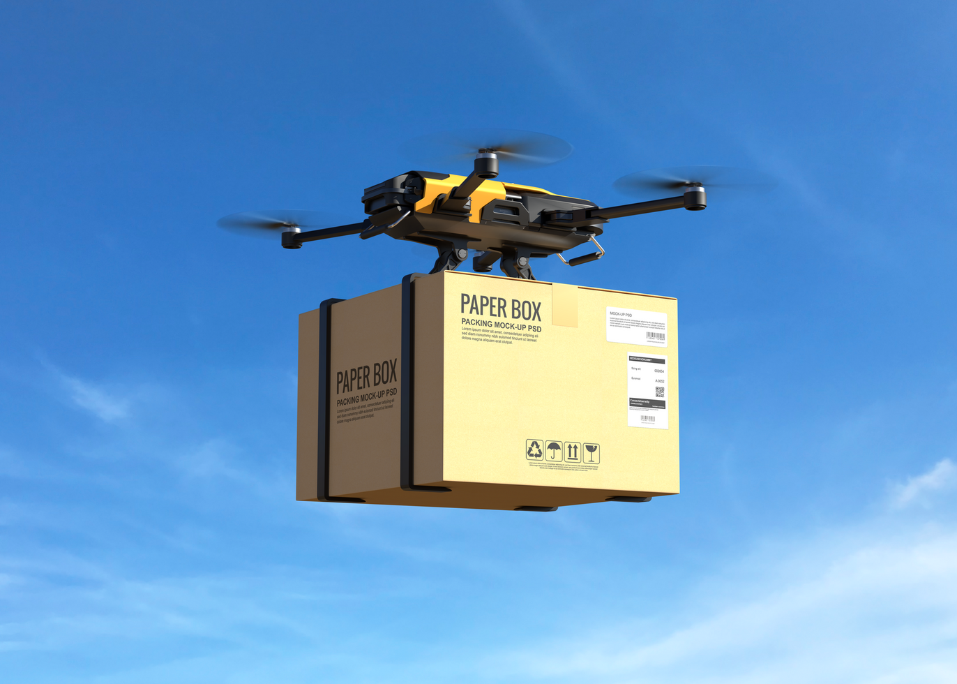 Delivery drone with the cardboard mockup psd