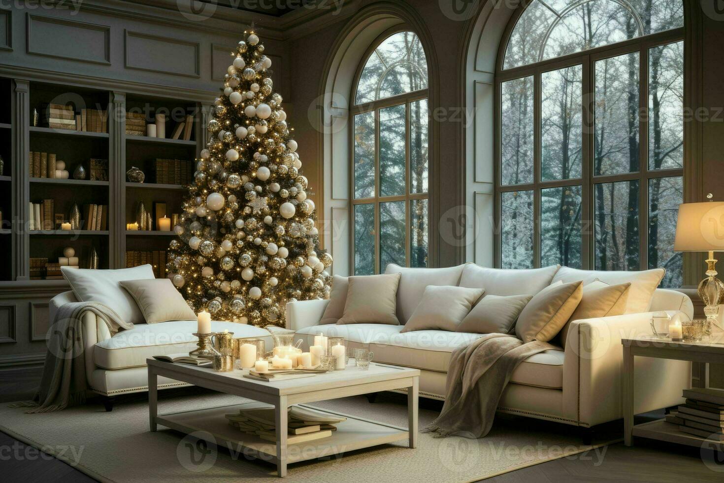 AI Generative, Stylish interior of living room with decorated Christmas tree, Luxury living room New Year photo