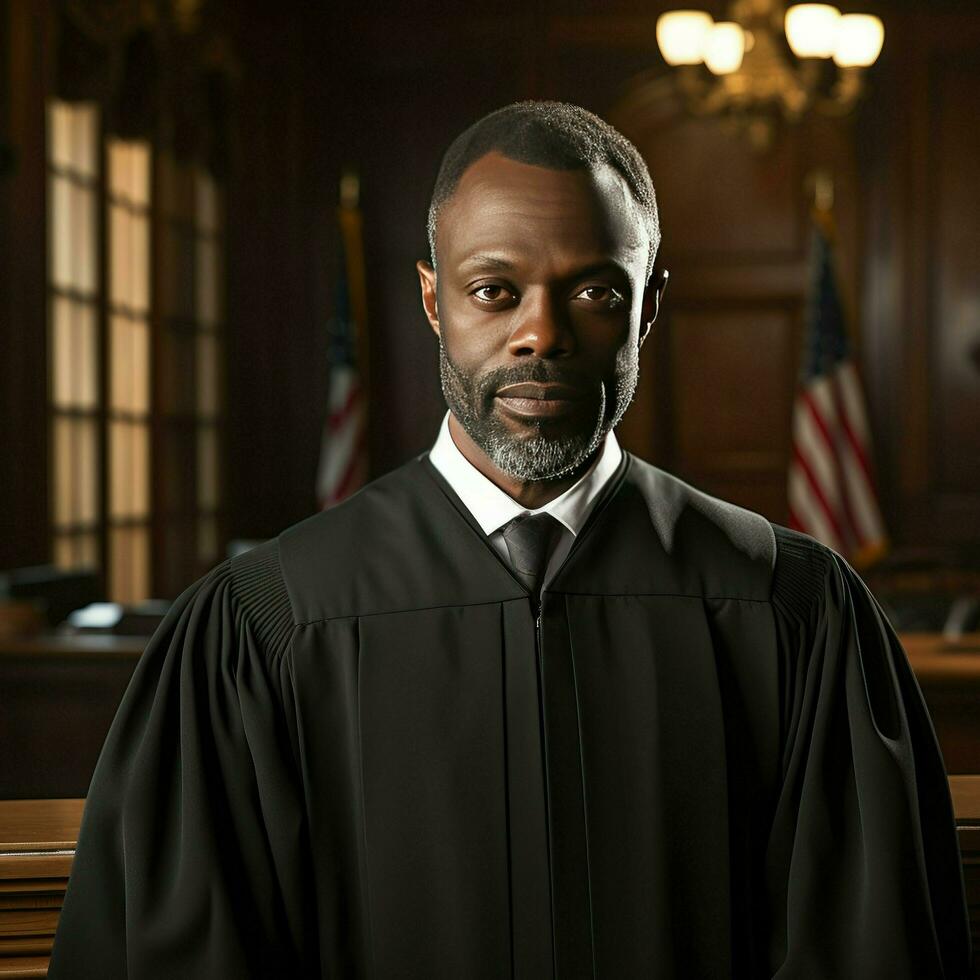 AI generated Fair African American Judge in Robes Sitting in the Courtroom photo