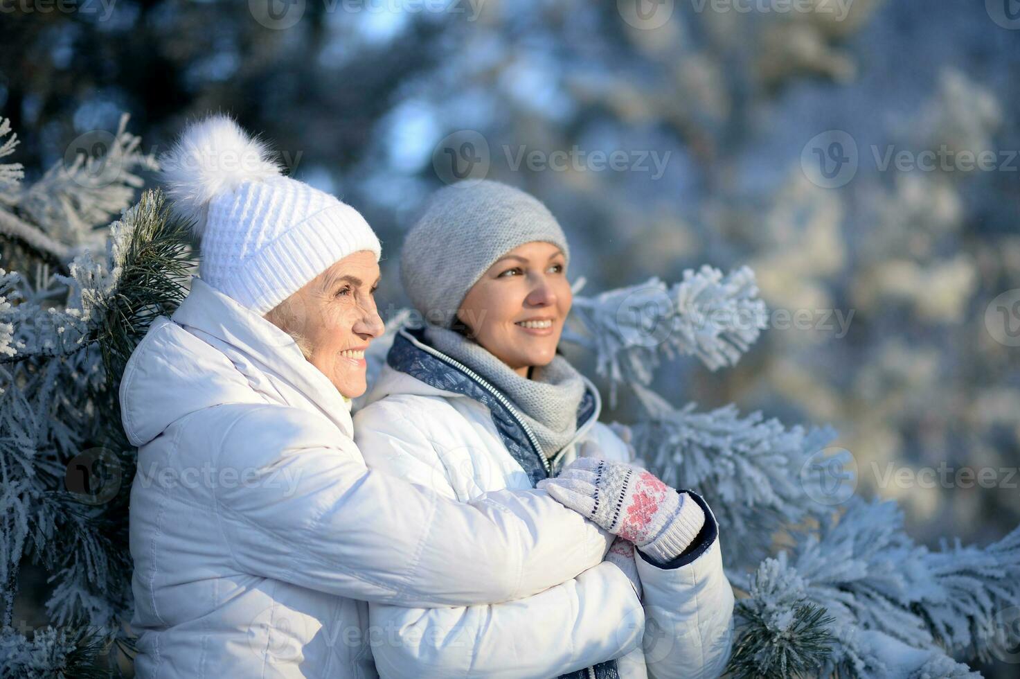 Portrait of happy women in winter clothes posing outdoors photo