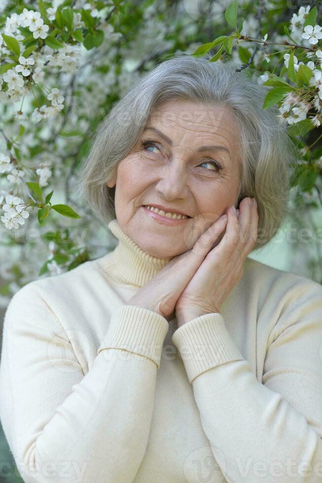 Closeup portrait of smiling elderly woman posing in summer park photo