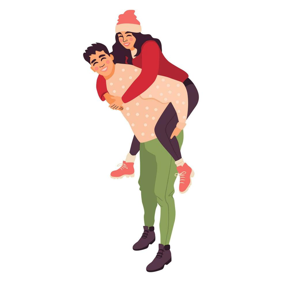 Beautiful romantic couple in winter clothes hugging. Vector illustration of festive young man and woman isolated on white background.