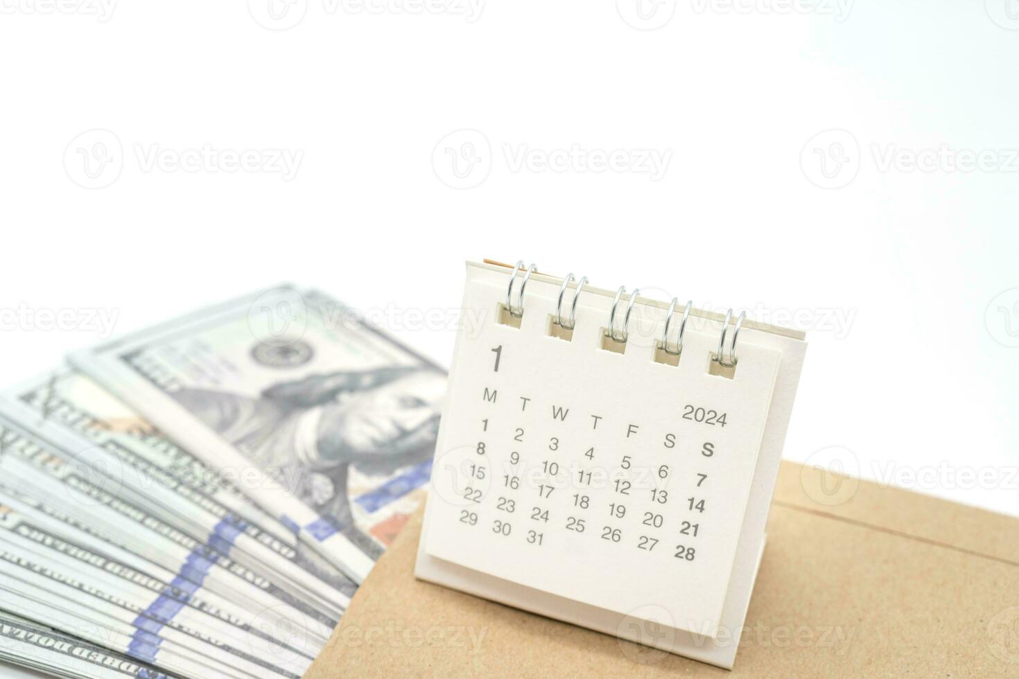 Envelope With Money And Calendar. opens envelope with money, dollars. Pension Concept. Bonus Money. isolated on white background. photo