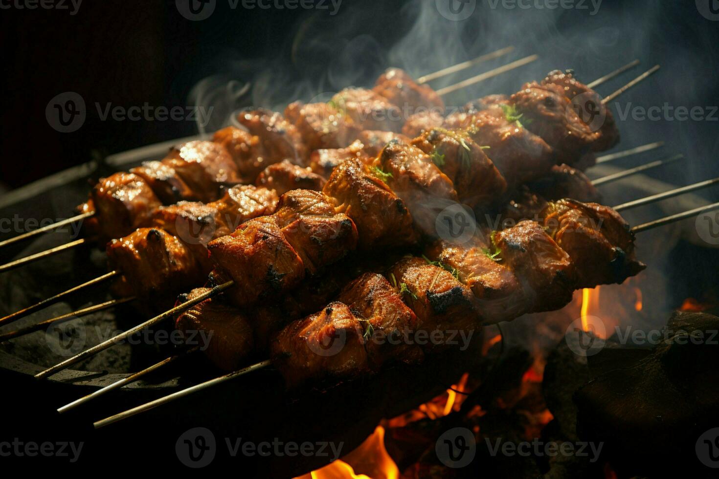 jugoso ensartado seekh brochetas un Agua en la boca mezcla de especias y A la parrilla bondad ai generado foto