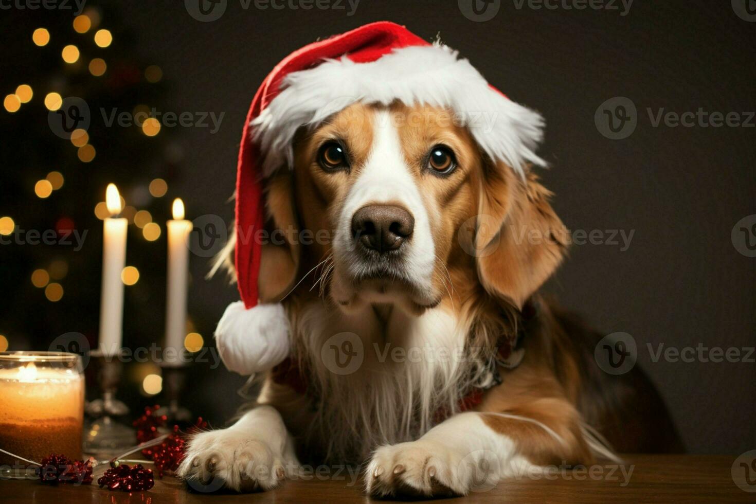 ai generado Navidad festividades con un amable perro celebrando con festivo decoraciones y fiesta alegría ai generado foto