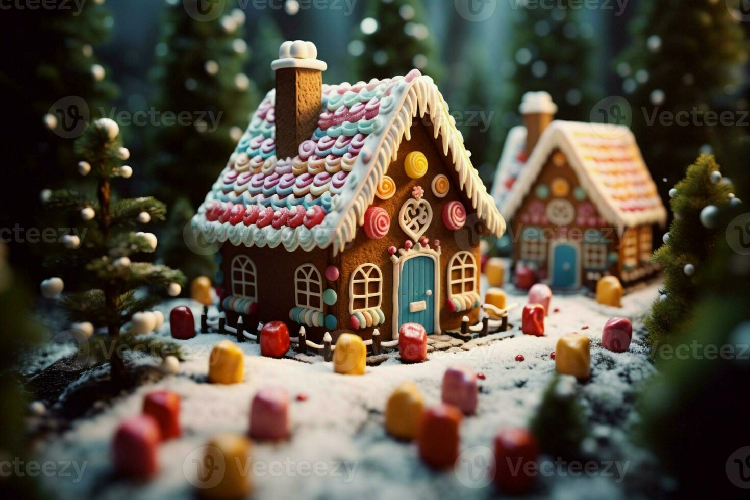 ai generado Navidad pan de jengibre casa mágico hada cuento castillo en Nevado invierno de azucarado Sueños ai generado foto