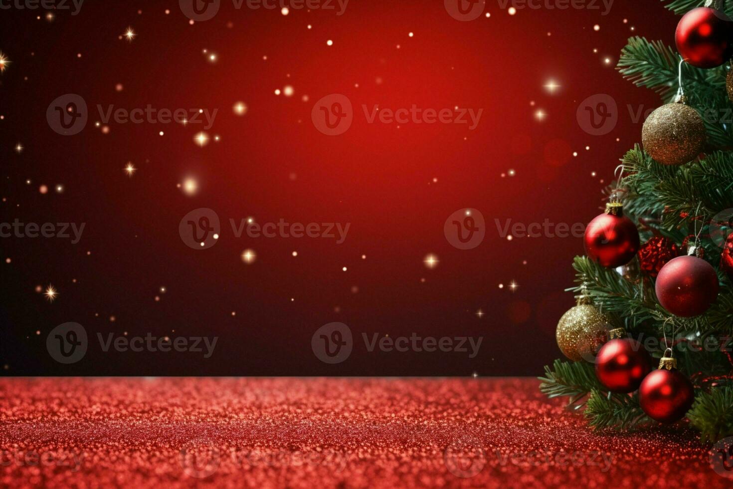 ai generado mágico fiesta Navidad fondo un espumoso árbol y bokeh luces en rojo ai generado foto