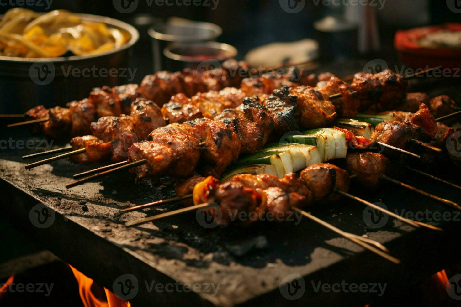 jugoso ensartado seekh brochetas un Agua en la boca mezcla de especias y A la parrilla bondad ai generado foto