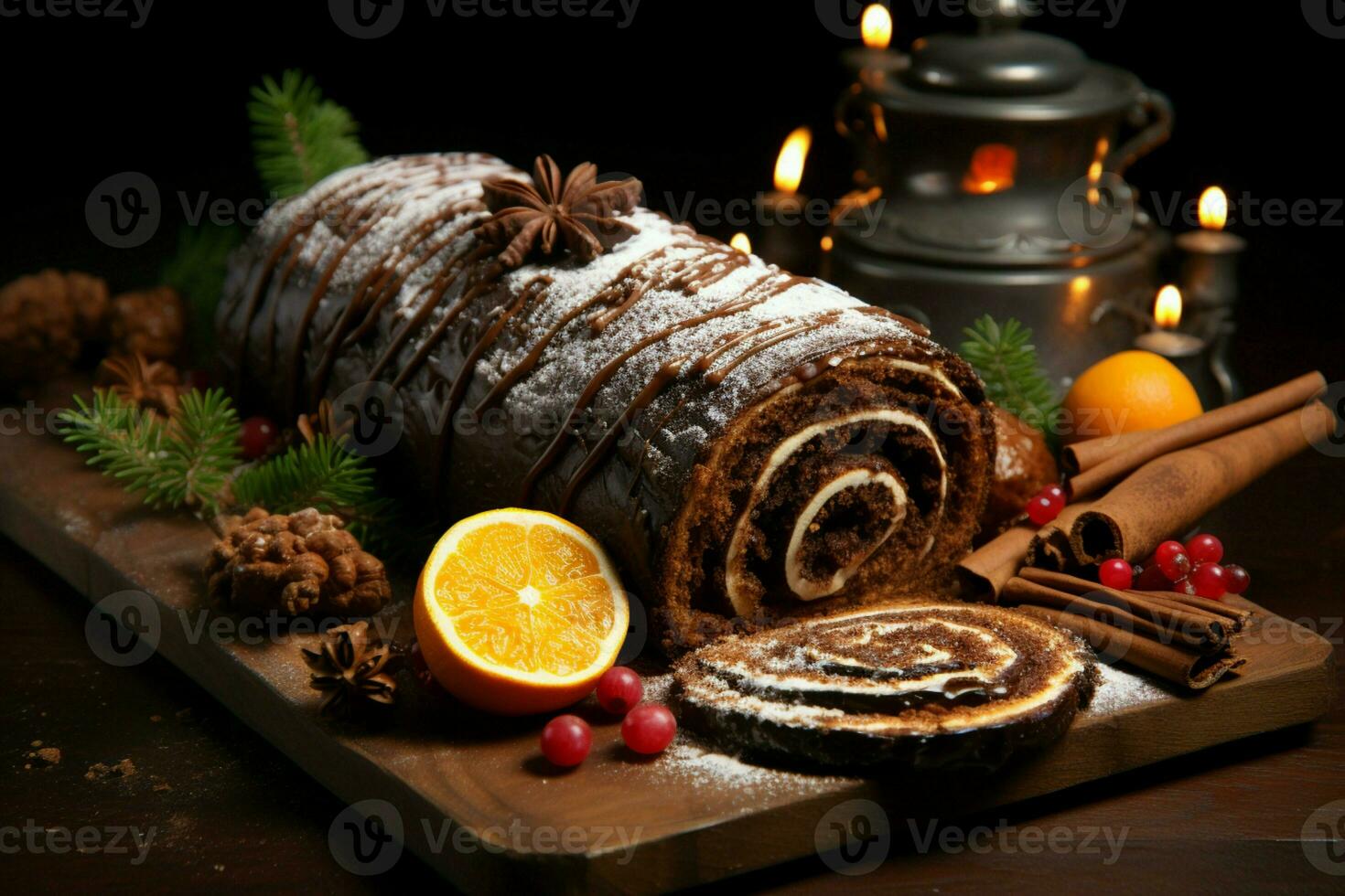 AI generated Classic Yule log a festive treat Christmas cake rolled and adorned for a delightful celebration AI Generated photo