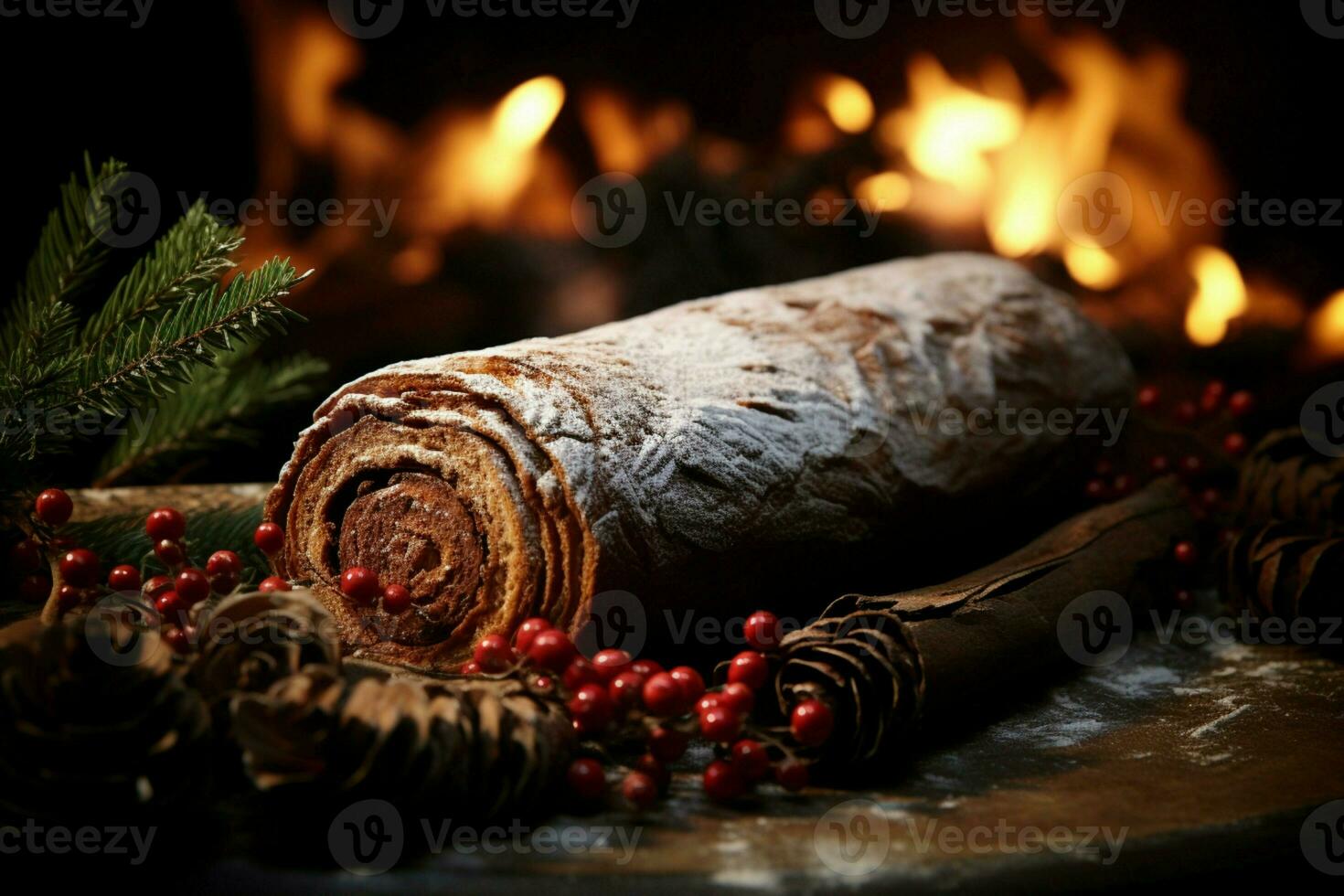 AI generated Classic Yule log a festive treat Christmas cake rolled and adorned for a delightful celebration AI Generated photo