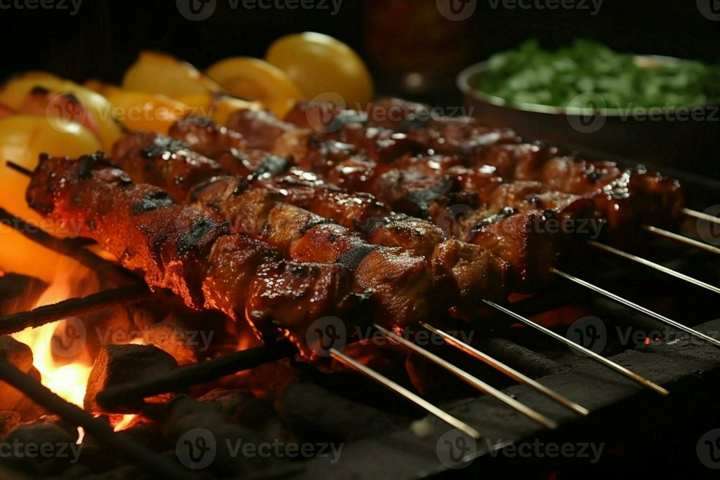 jugoso ensartado seekh brochetas un Agua en la boca mezcla de especias y A la parrilla bondad ai generado foto