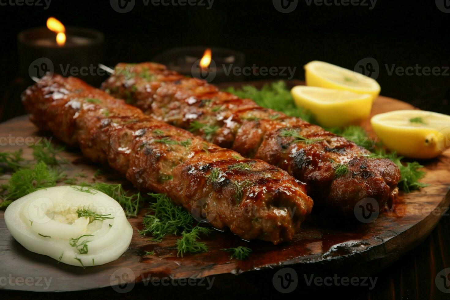 Juicy skewered seekh kababs a mouthwatering blend of spices and grilled goodness AI Generated photo