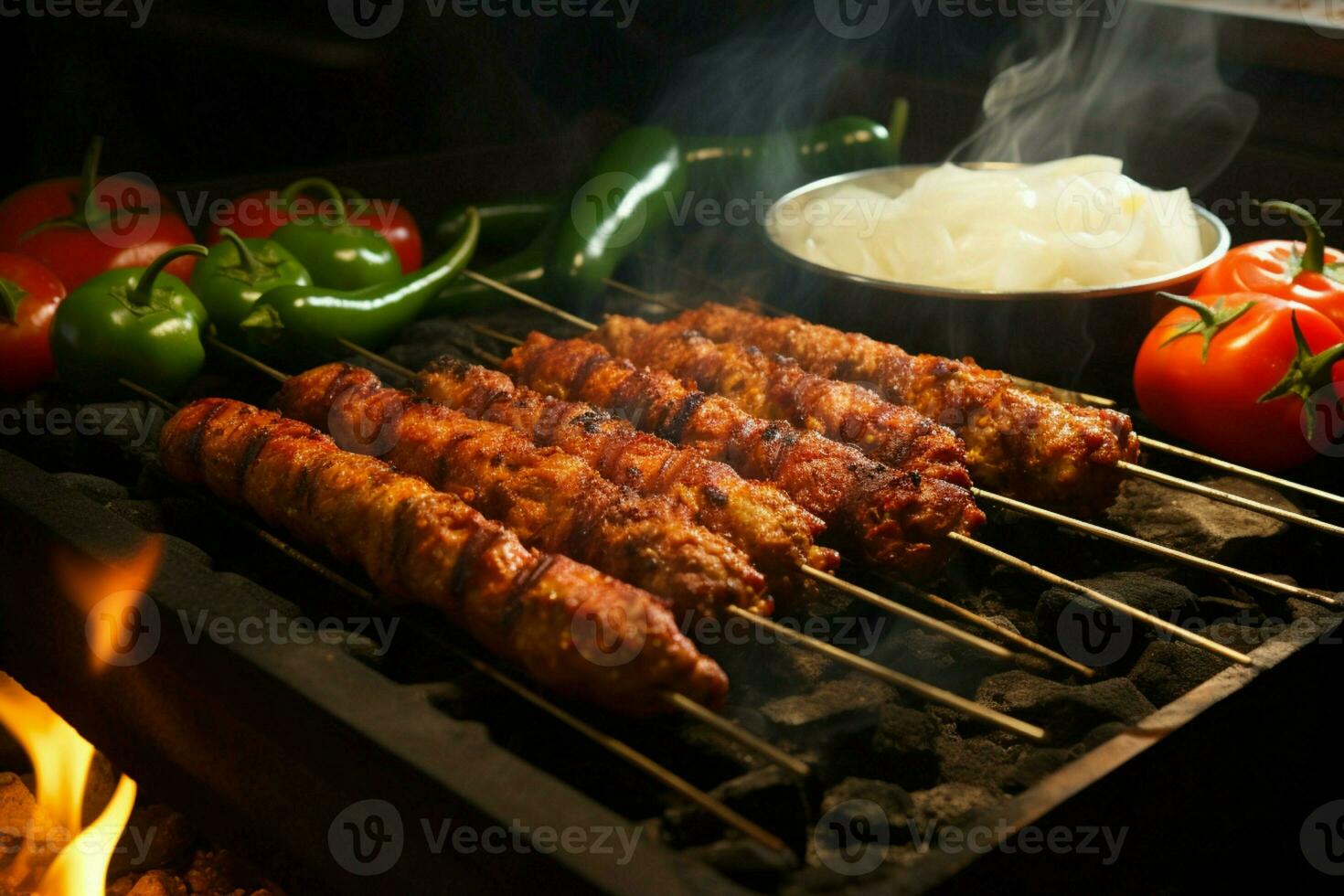 jugoso ensartado seekh brochetas un Agua en la boca mezcla de especias y A la parrilla bondad ai generado foto