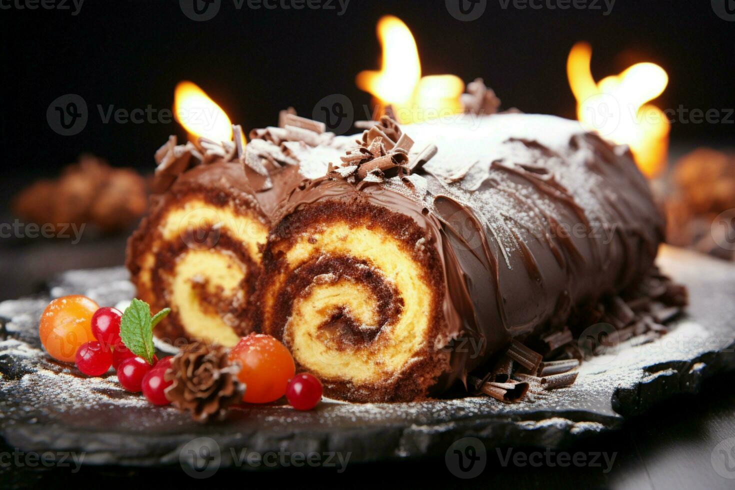 AI generated Classic Yule log a festive treat Christmas cake rolled and adorned for a delightful celebration AI Generated photo