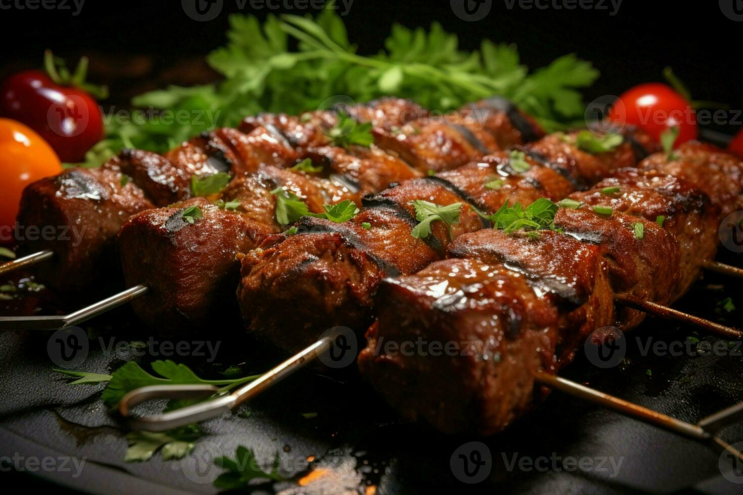 Juicy skewered seekh kababs a mouthwatering blend of spices and grilled goodness AI Generated photo