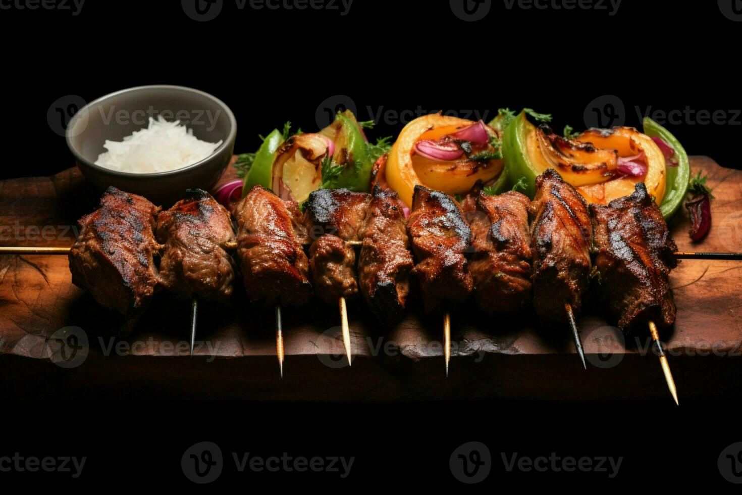 Juicy skewered seekh kababs a mouthwatering blend of spices and grilled goodness AI Generated photo