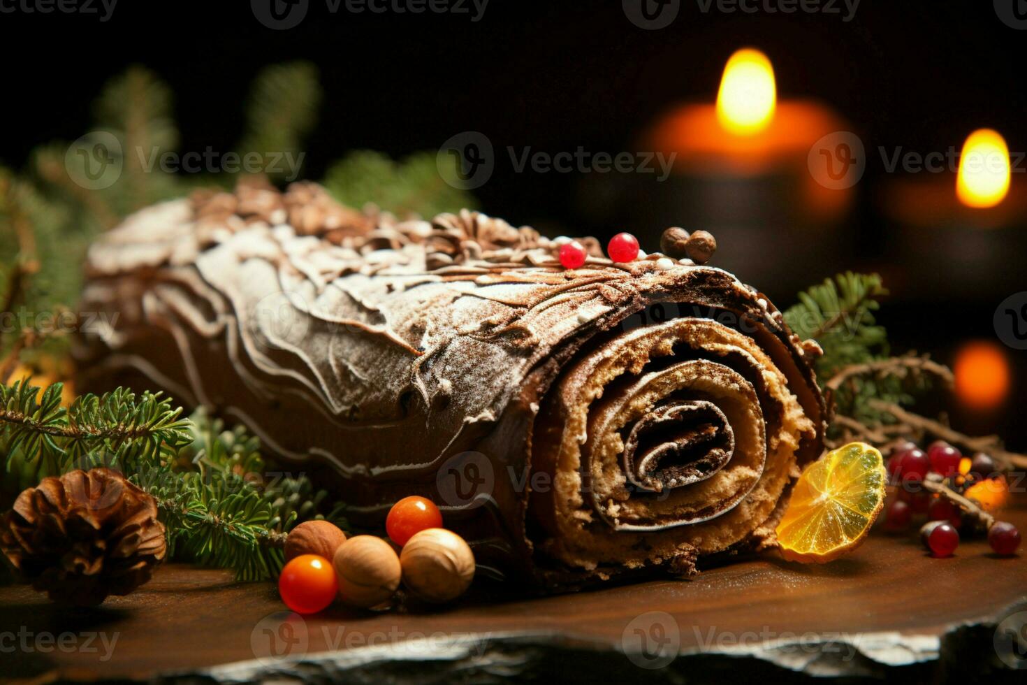 AI generated Classic Yule log a festive treat Christmas cake rolled and adorned for a delightful celebration AI Generated photo