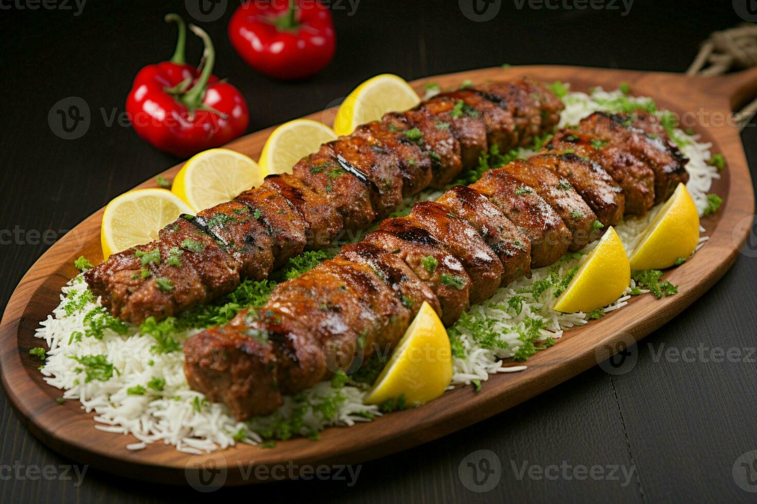 Juicy skewered seekh kababs a mouthwatering blend of spices and grilled goodness AI Generated photo