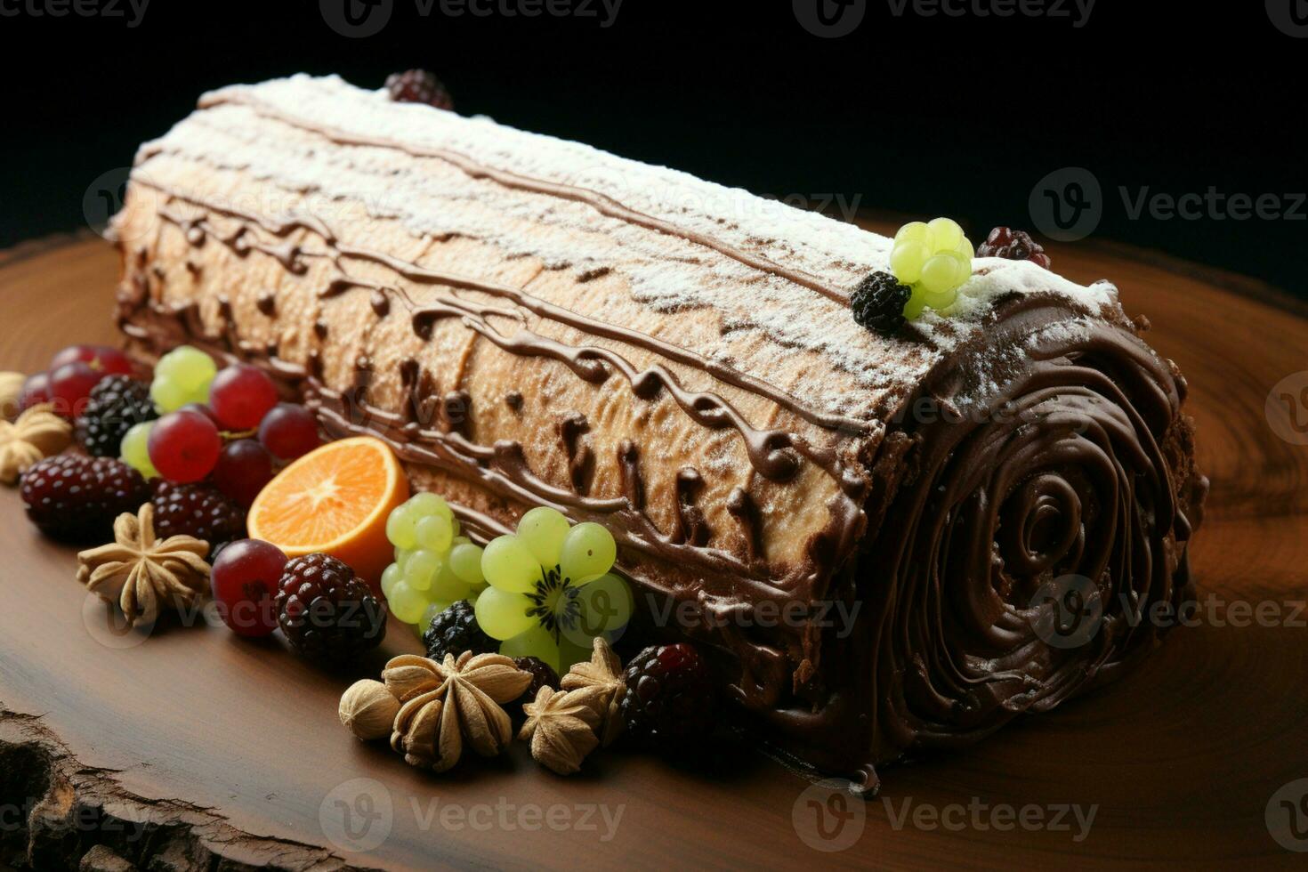 AI generated Classic Yule log a festive treat Christmas cake rolled and adorned for a delightful celebration AI Generated photo