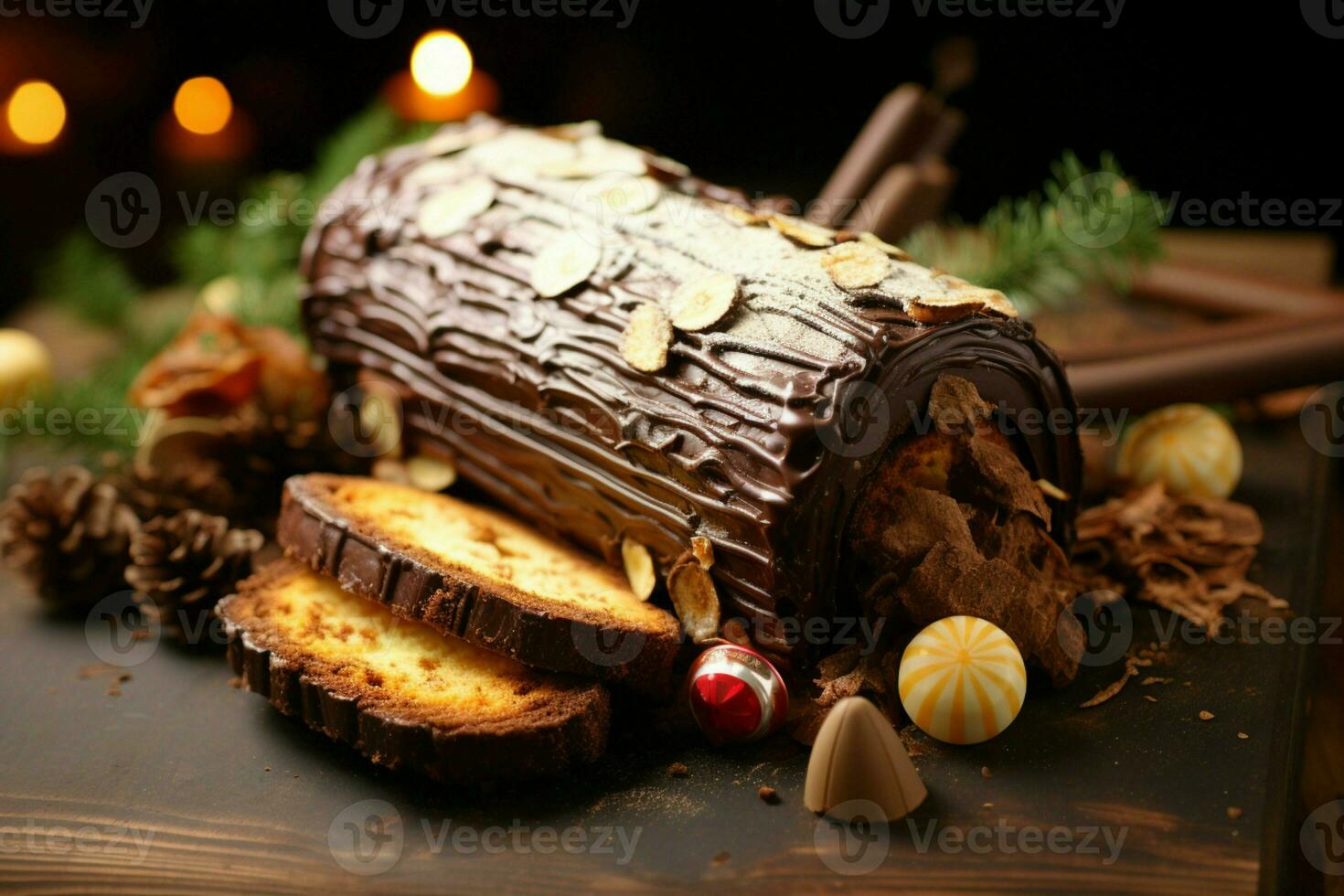 AI generated Classic Yule log a festive treat Christmas cake rolled and adorned for a delightful celebration AI Generated photo