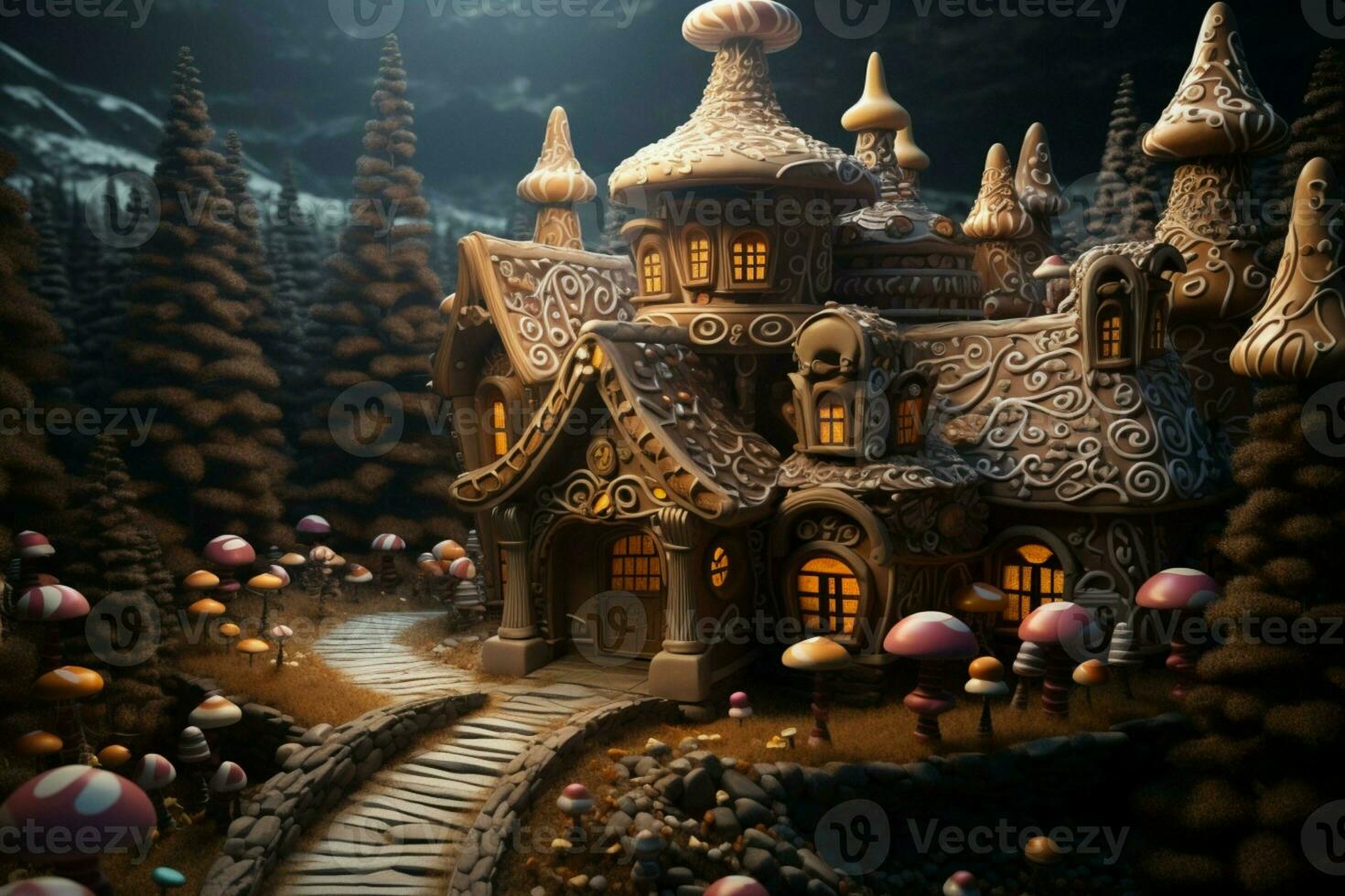 AI generated Christmas gingerbread house Magical fairy tale castle in snowy winter of sugary dreams AI Generated photo