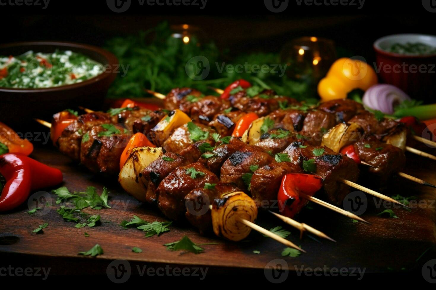 Juicy skewered seekh kababs a mouthwatering blend of spices and grilled goodness AI Generated photo