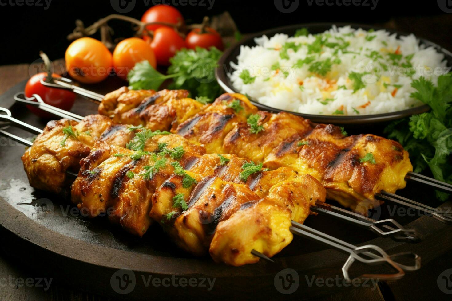 Juicy skewered seekh kababs a mouthwatering blend of spices and grilled goodness AI Generated photo