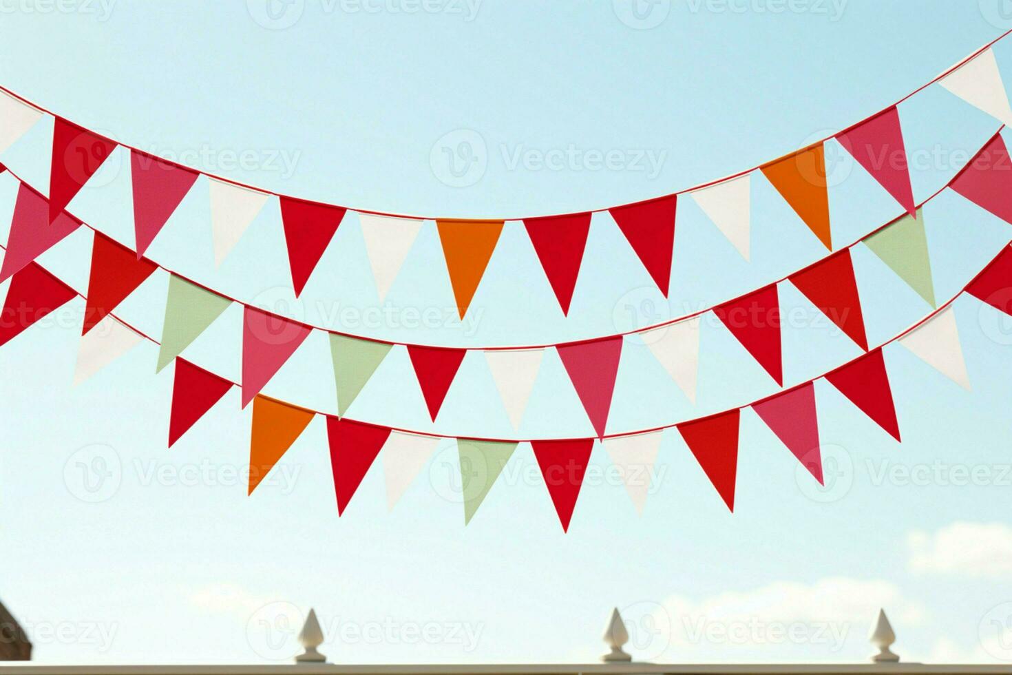 ai generado vibrante rojo y blanco verderón festivamente colgando con triangular banderas para celebraciones ai generado foto