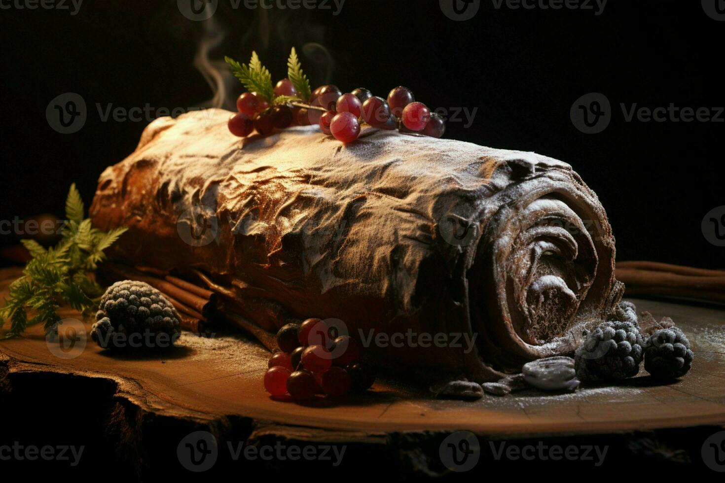 AI generated Classic Yule log a festive treat Christmas cake rolled and adorned for a delightful celebration AI Generated photo