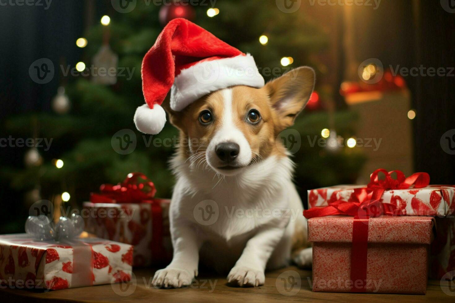 AI generated Christmas festivities with a lovable dog celebrating with festive decorations and holiday joy AI Generated photo