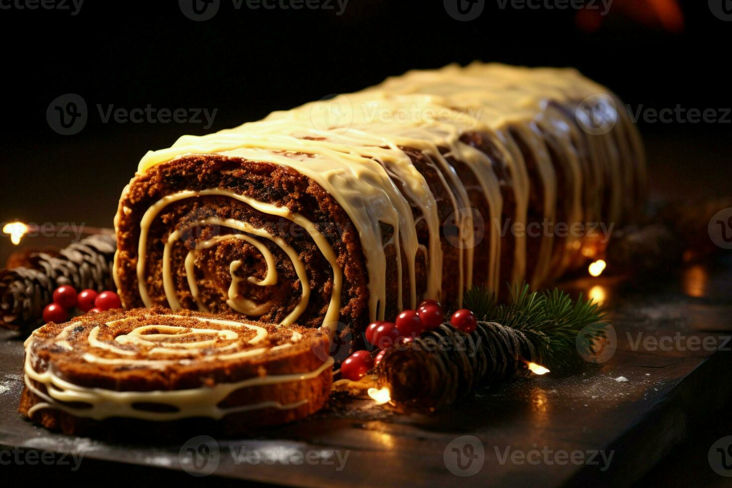 AI generated Classic Yule log a festive treat Christmas cake rolled and adorned for a delightful celebration AI Generated photo