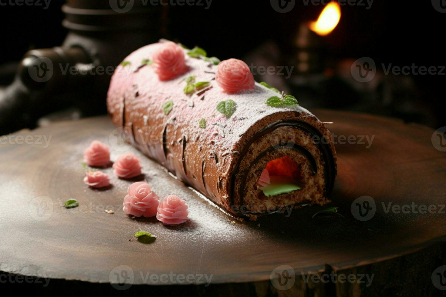 AI generated Classic Yule log a festive treat Christmas cake rolled and adorned for a delightful celebration AI Generated photo