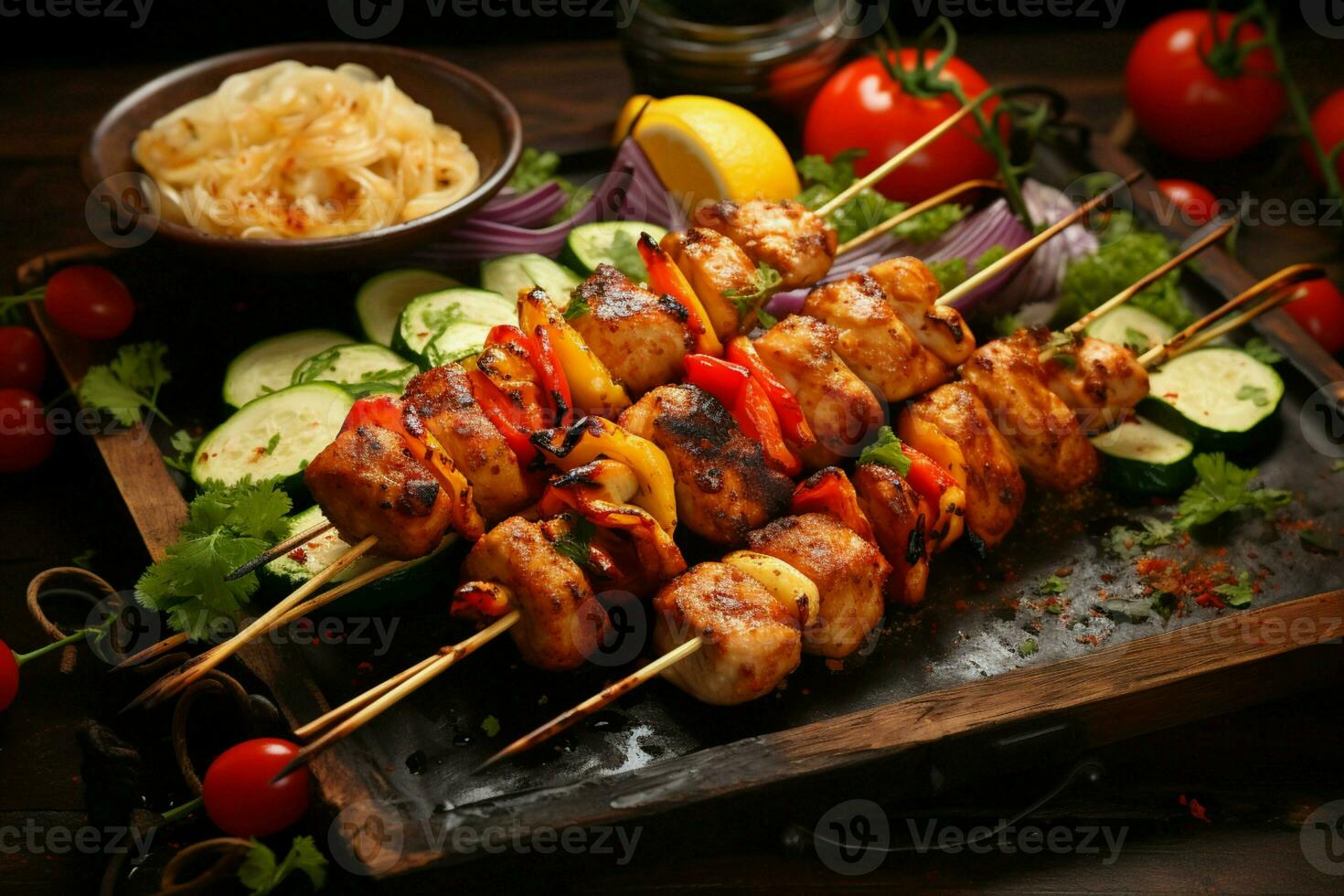 Juicy skewered seekh kababs a mouthwatering blend of spices and grilled goodness AI Generated photo