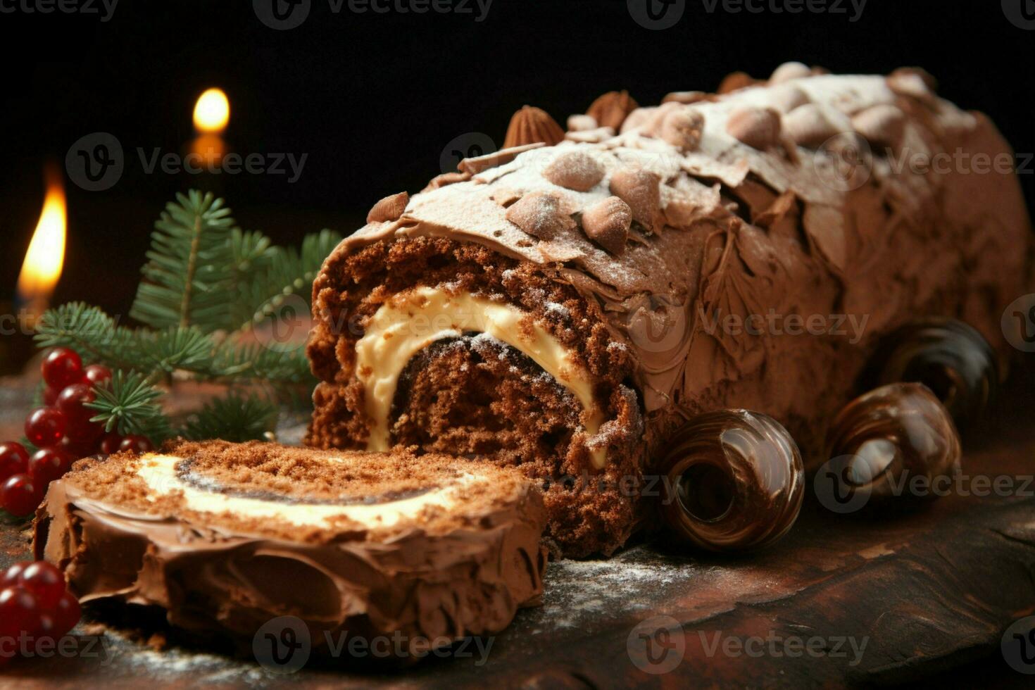 AI generated Classic Yule log a festive treat Christmas cake rolled and adorned for a delightful celebration AI Generated photo