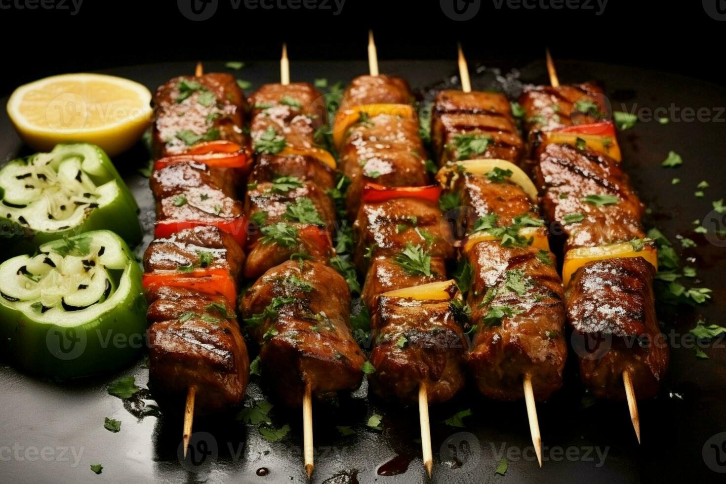 Juicy skewered seekh kababs a mouthwatering blend of spices and grilled goodness AI Generated photo