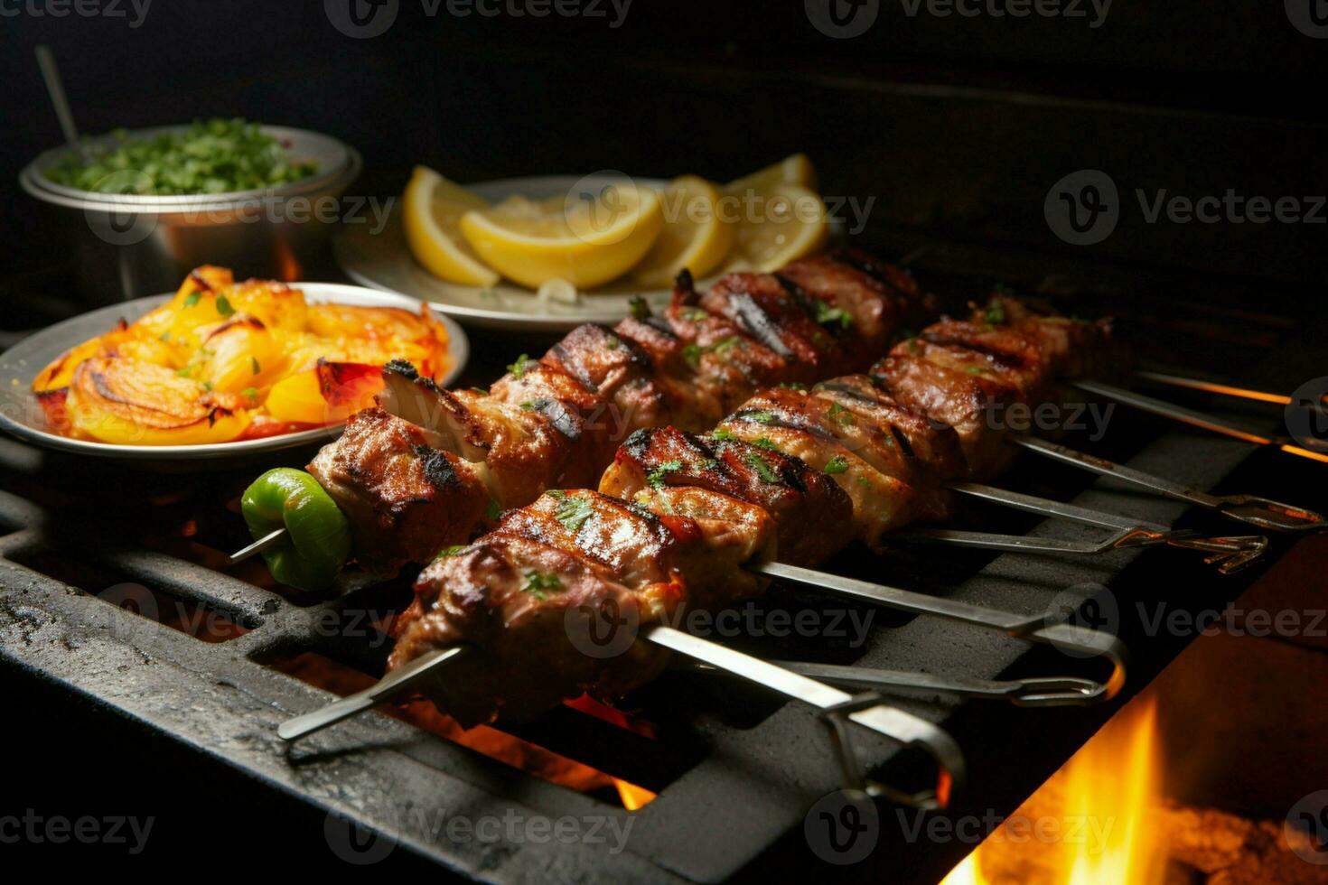 jugoso ensartado seekh brochetas un Agua en la boca mezcla de especias y A la parrilla bondad ai generado foto