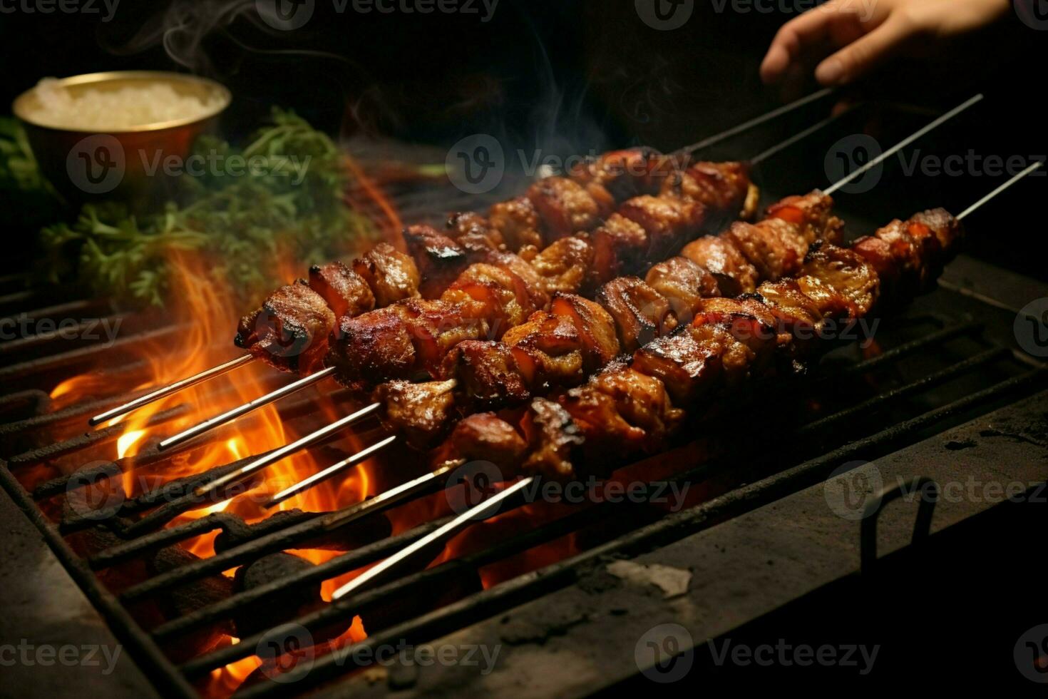 Juicy skewered seekh kababs a mouthwatering blend of spices and grilled goodness AI Generated photo