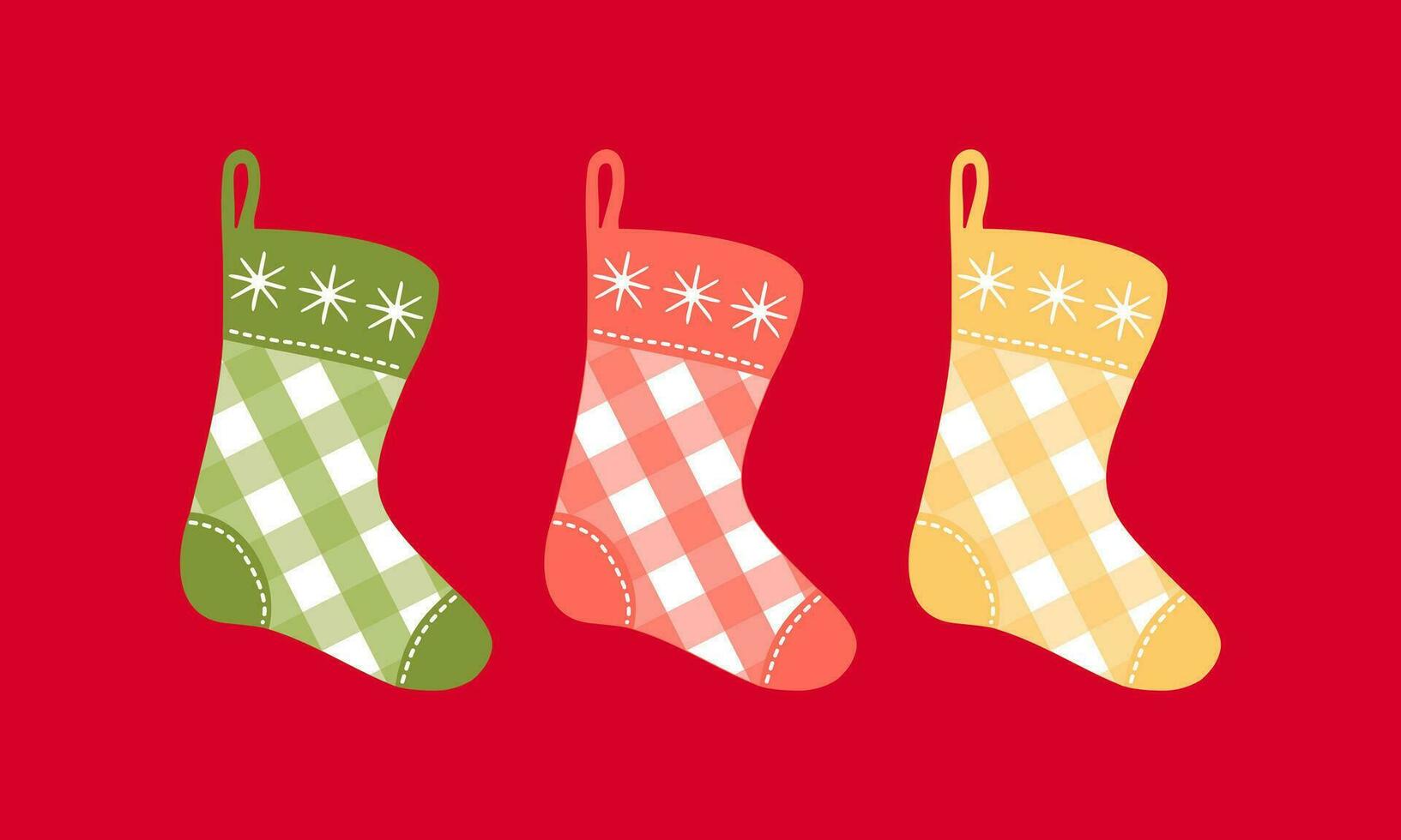 Clipart set with Christmas plaid stockings on isolated red background. Holiday design for Christmas home decor, holiday greetings, Christmas and New Year celebration. vector