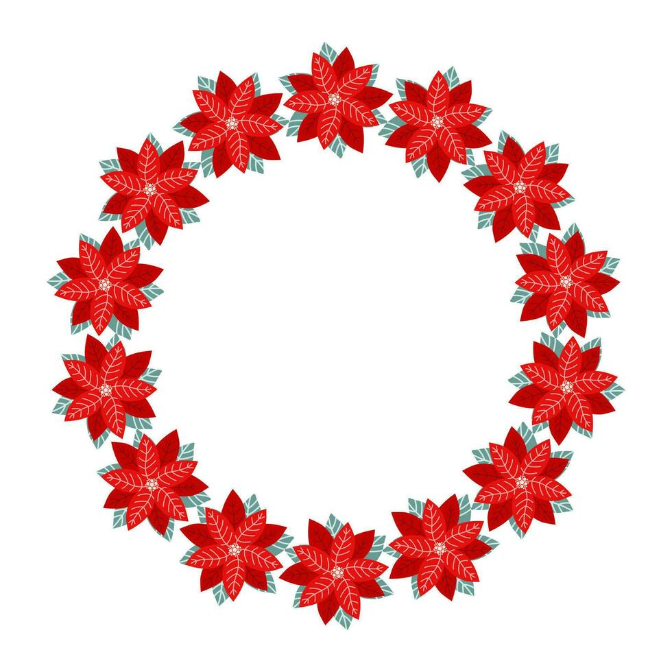 Clip art of Christmas poinsettia flower wreath on isolated white background. Retro forest shapes. Design for Christmas home decor, holiday greetings, Christmas and New Year celebration. vector
