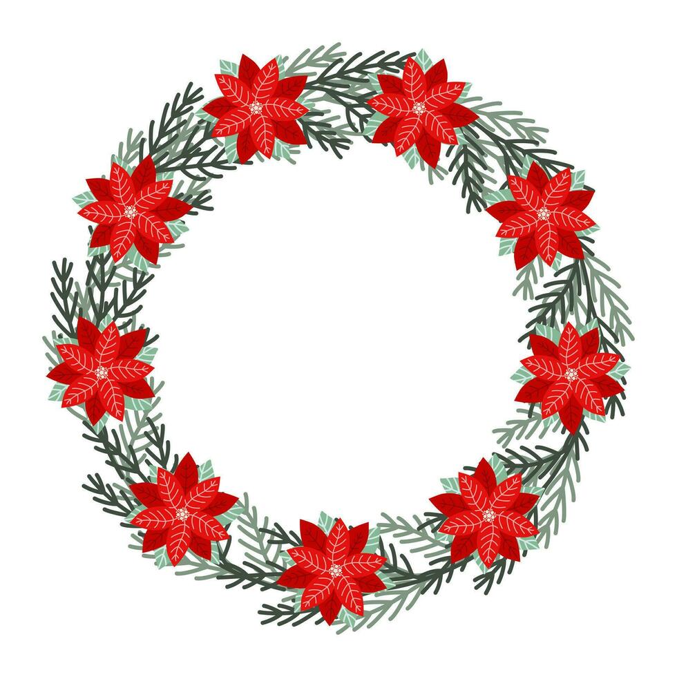 Clip art of Christmas poinsettia and fir wreath on isolated white background. Retro forest shapes. Design for Christmas home decor, holiday greetings, Christmas and New Year celebration. vector