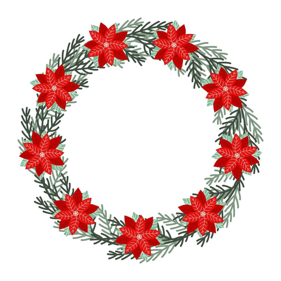 acortar Arte de Navidad flor de pascua y abeto guirnalda en aislado blanco antecedentes. retro bosque formas diseño para Navidad hogar decoración, fiesta saludos, Navidad y nuevo año celebracion. vector