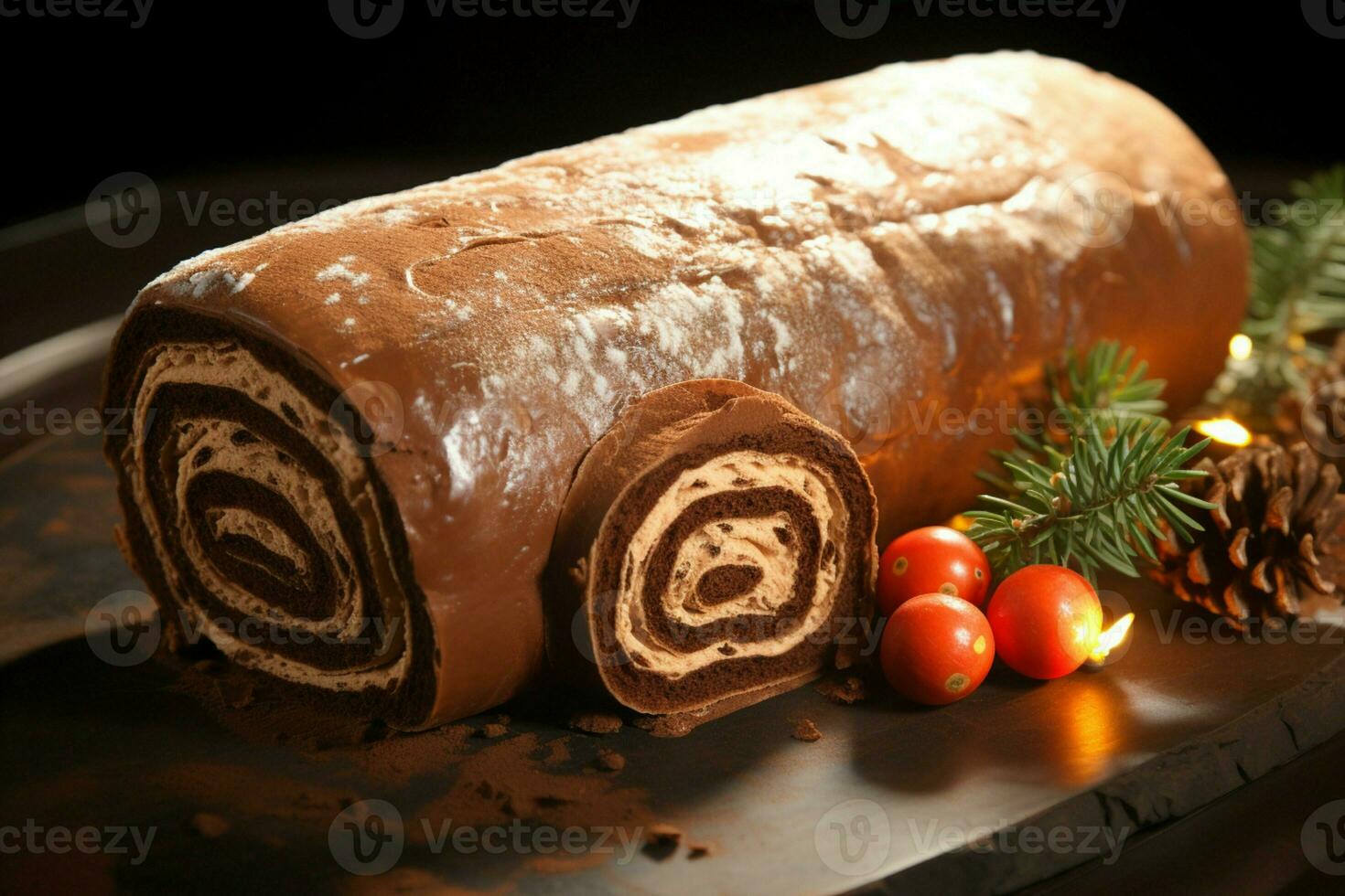 AI generated Classic Yule log a festive treat Christmas cake rolled and adorned for a delightful celebration AI Generated photo