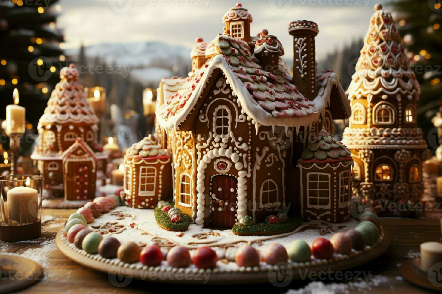 AI generated Christmas gingerbread house Magical fairy tale castle in snowy winter of sugary dreams AI Generated photo