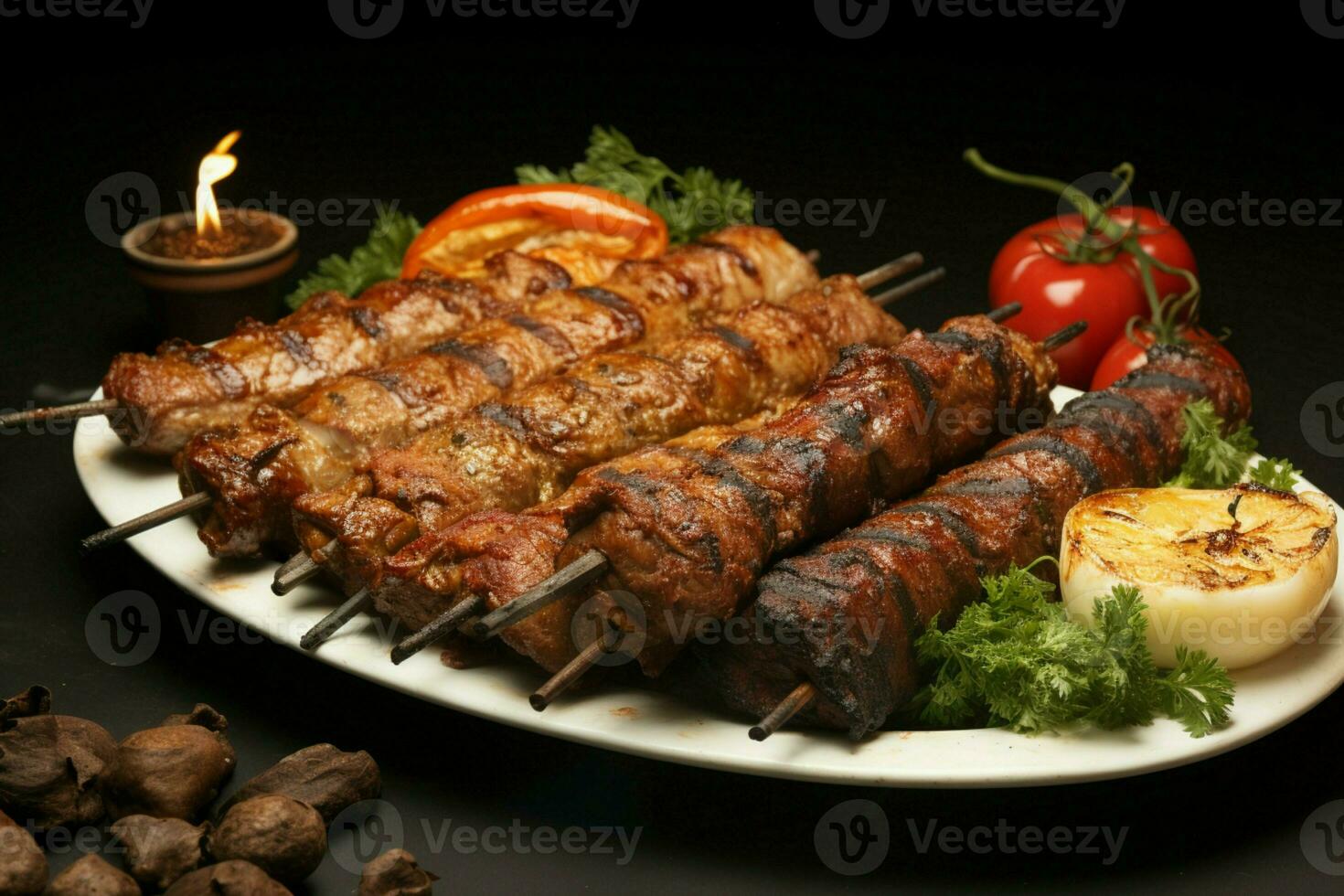 Juicy skewered seekh kababs a mouthwatering blend of spices and grilled goodness AI Generated photo