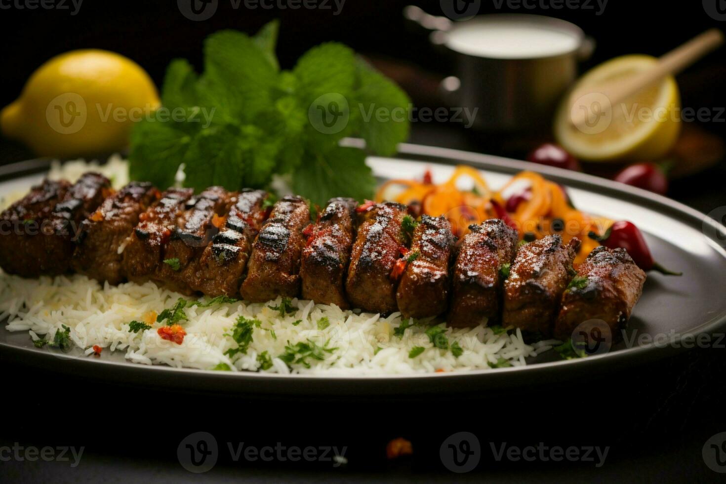 Juicy skewered seekh kababs a mouthwatering blend of spices and grilled goodness AI Generated photo