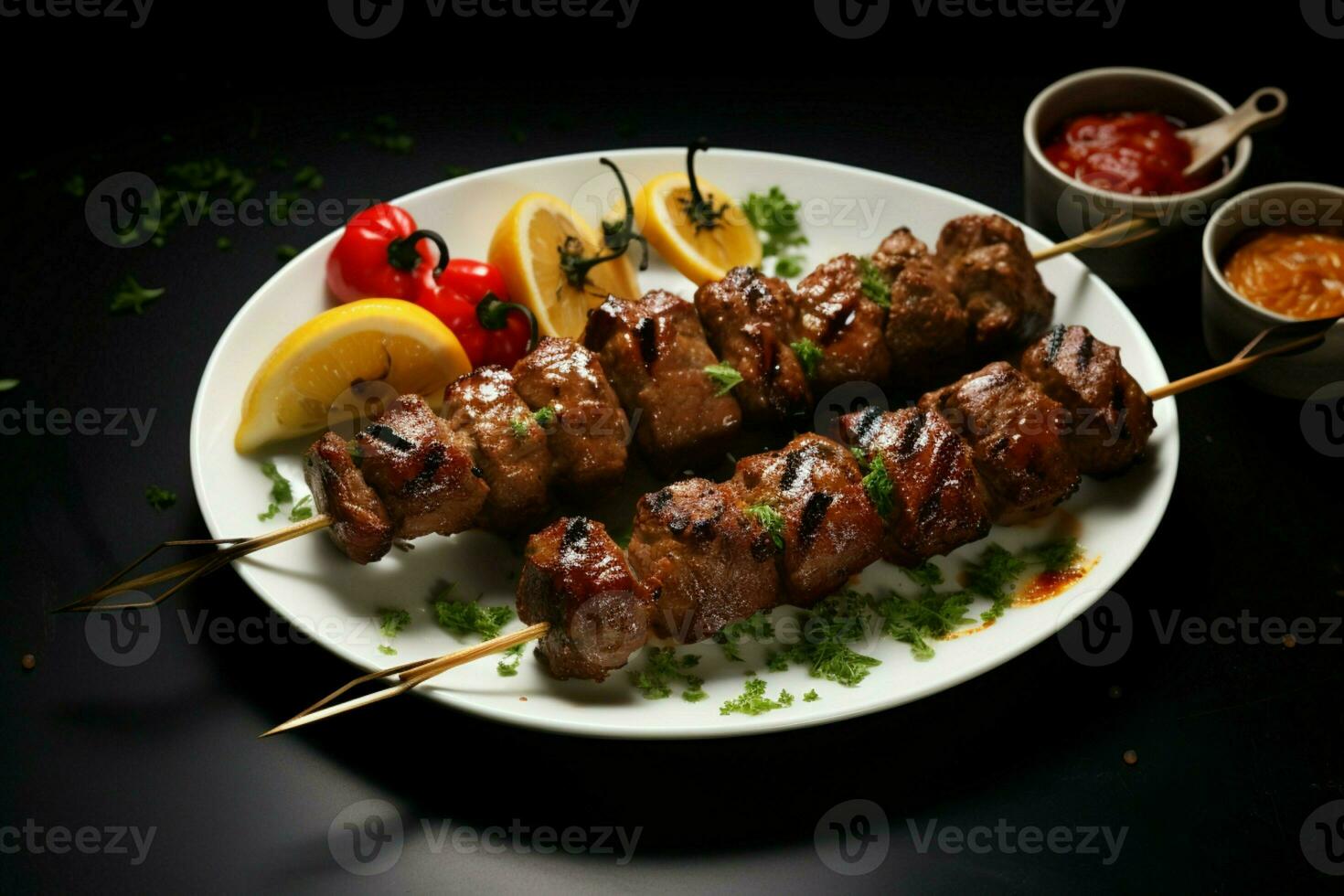 Juicy skewered seekh kababs a mouthwatering blend of spices and grilled goodness AI Generated photo