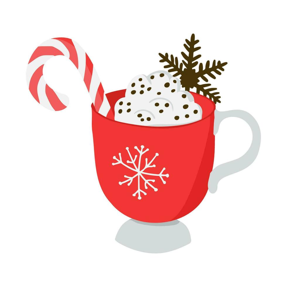Christmas hot chocolate with whipped cream and chocolate snowflake. Winter holiday traditional hot drink with decoration. Vector hand drawn flat illustration in red color